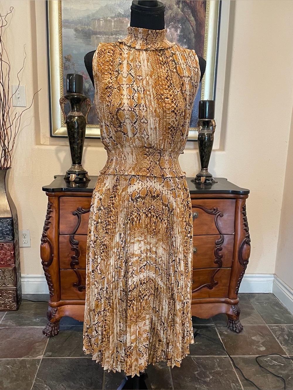 Gold snakeskin pleated high neck midi dress